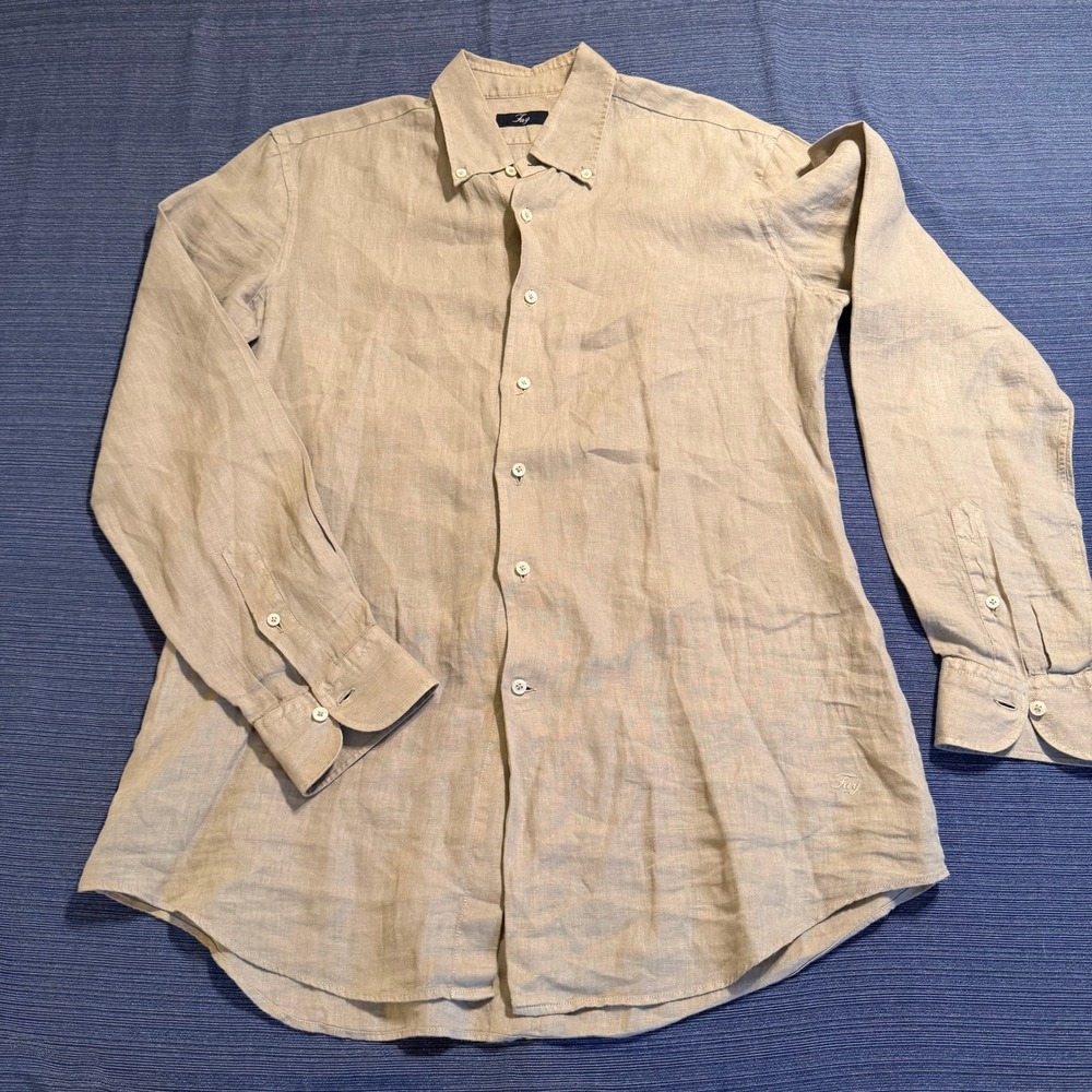 Fay Mens Linen Button Down Shirt Taupe Beige Long Sleeve Size 41 16 Italy